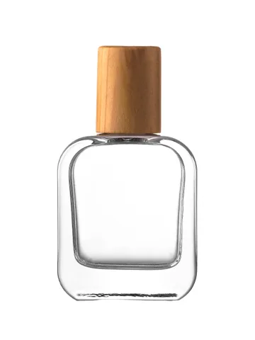 QB-0048 with Crimp pump, silver metallised plastic and Wooden cylinder cap, light brown
