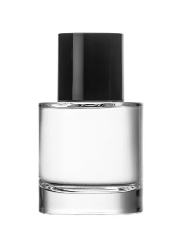 30 ml bottle with Crimp pump, silver metallised plastic and Designer cap, glossy black