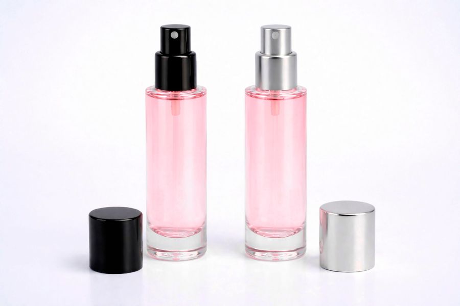 Two cylinder spray bottles with black and silver caps